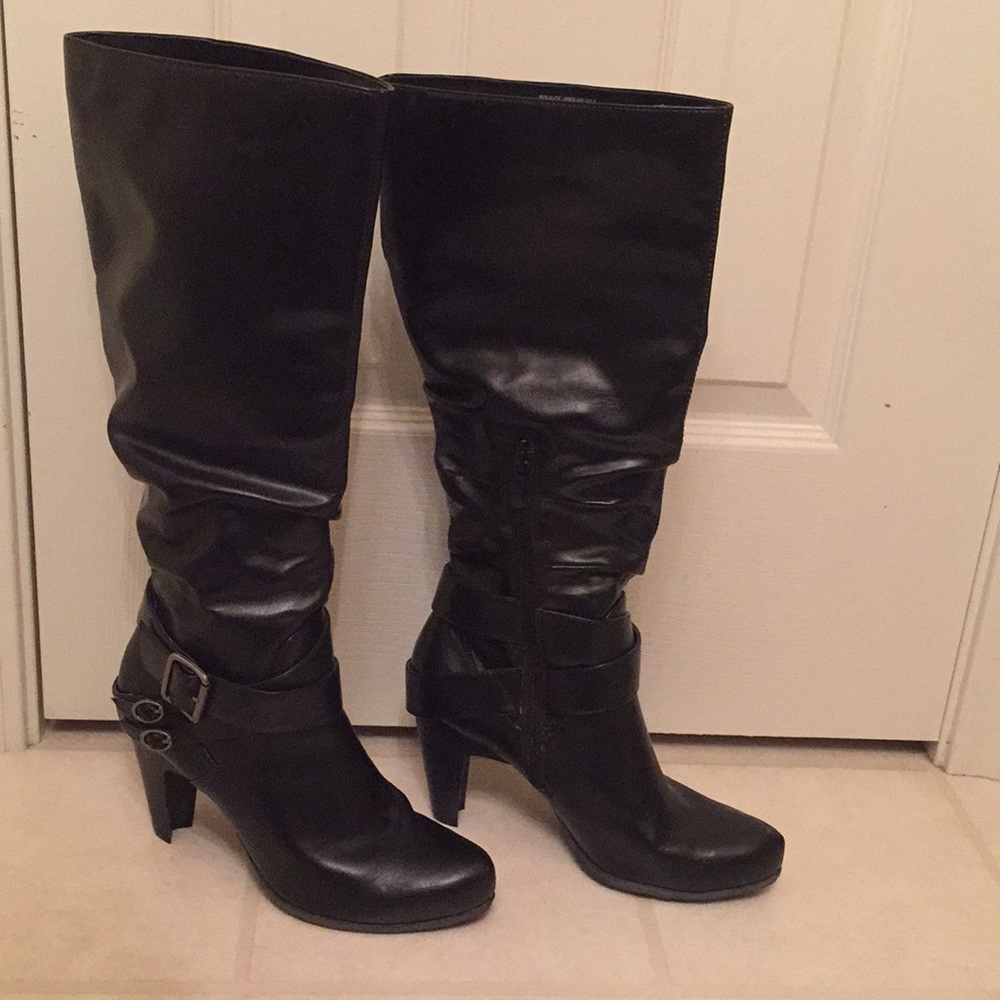 Black buckle knee high boots